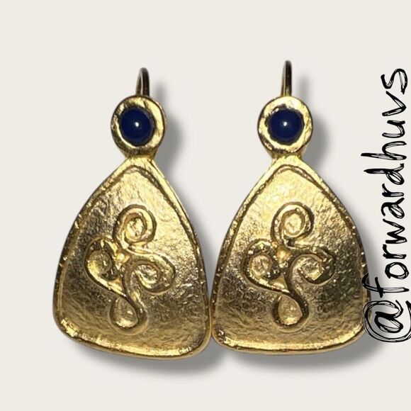 Gold Tone Leverback Earrings with Lapis Blue Stone - Picture 1 of 10